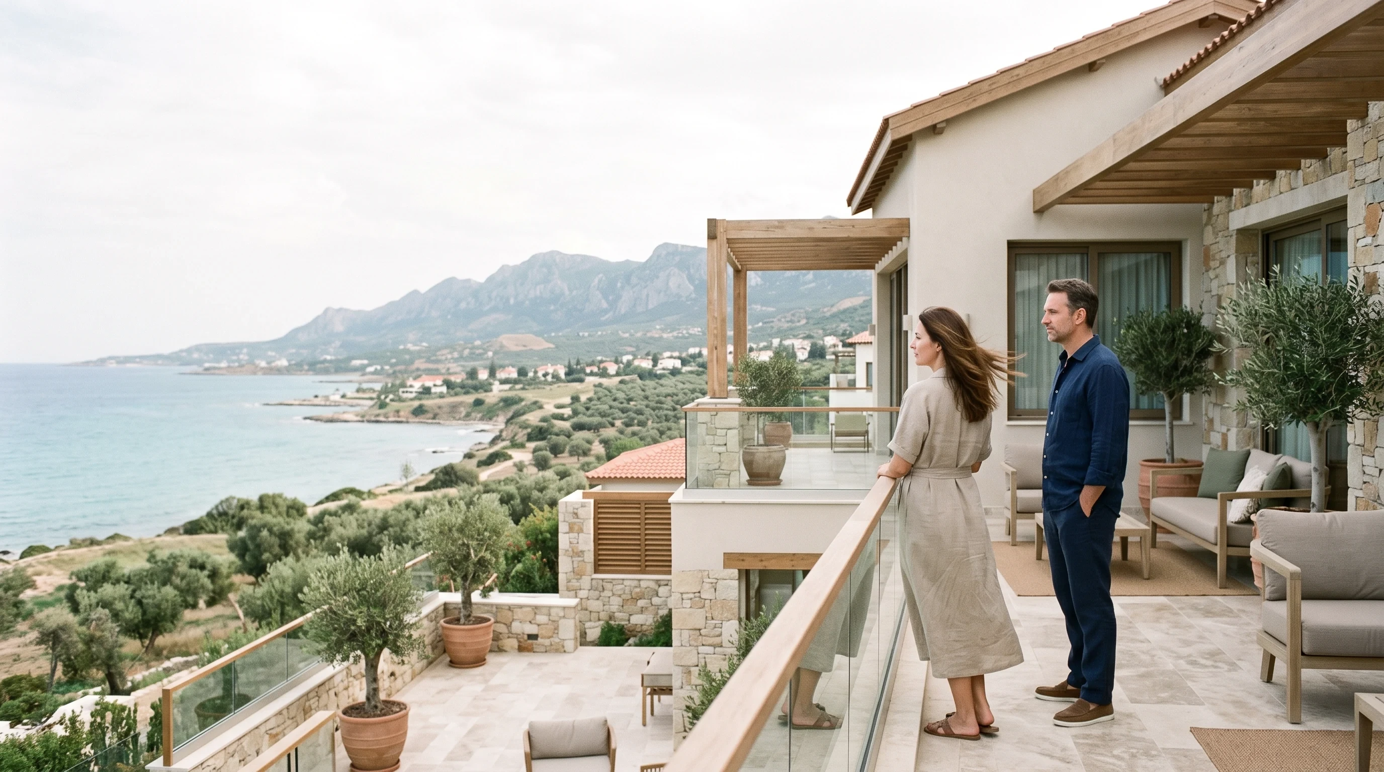 Two people viewing a coastal property from its terrace
