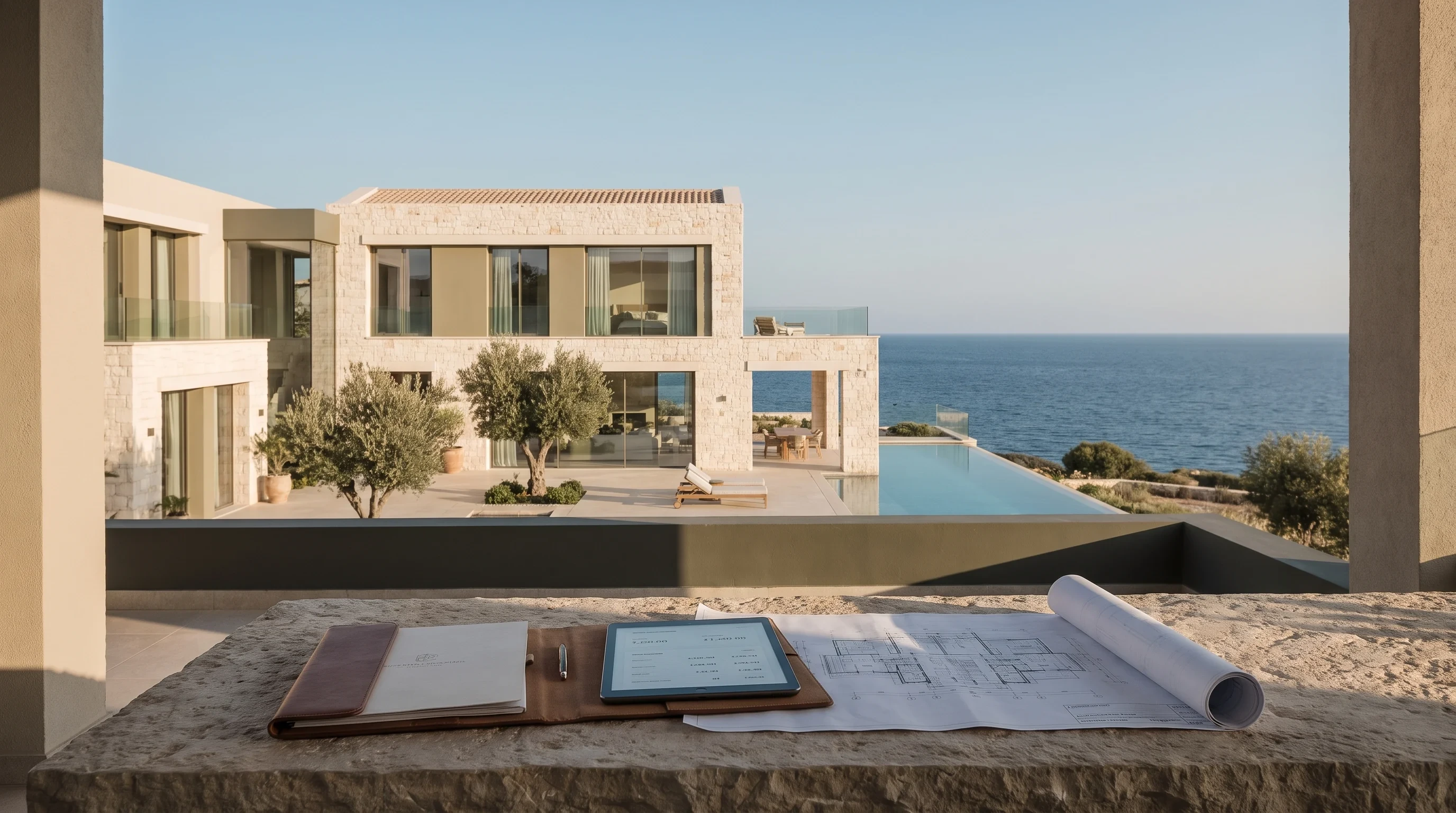 Coastal home viewed over property documents and plans