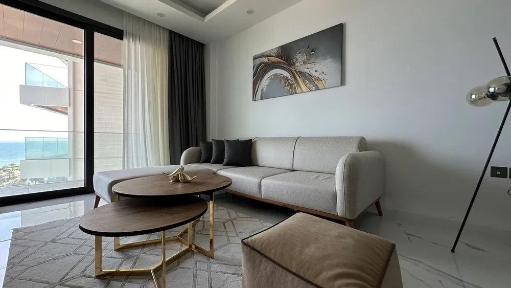 Furnished living room with seating beside a full-height window