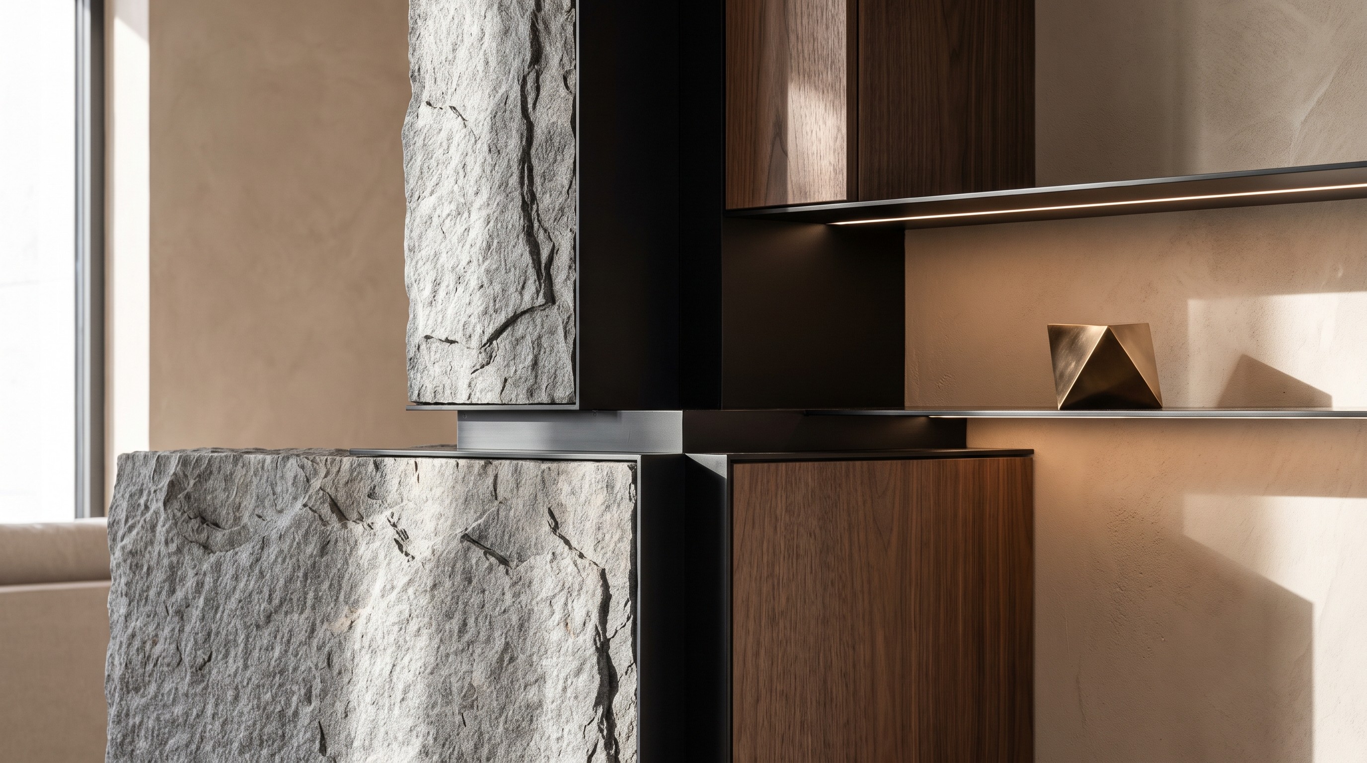 Natural stone, dark wood and architectural light in a contemporary interior