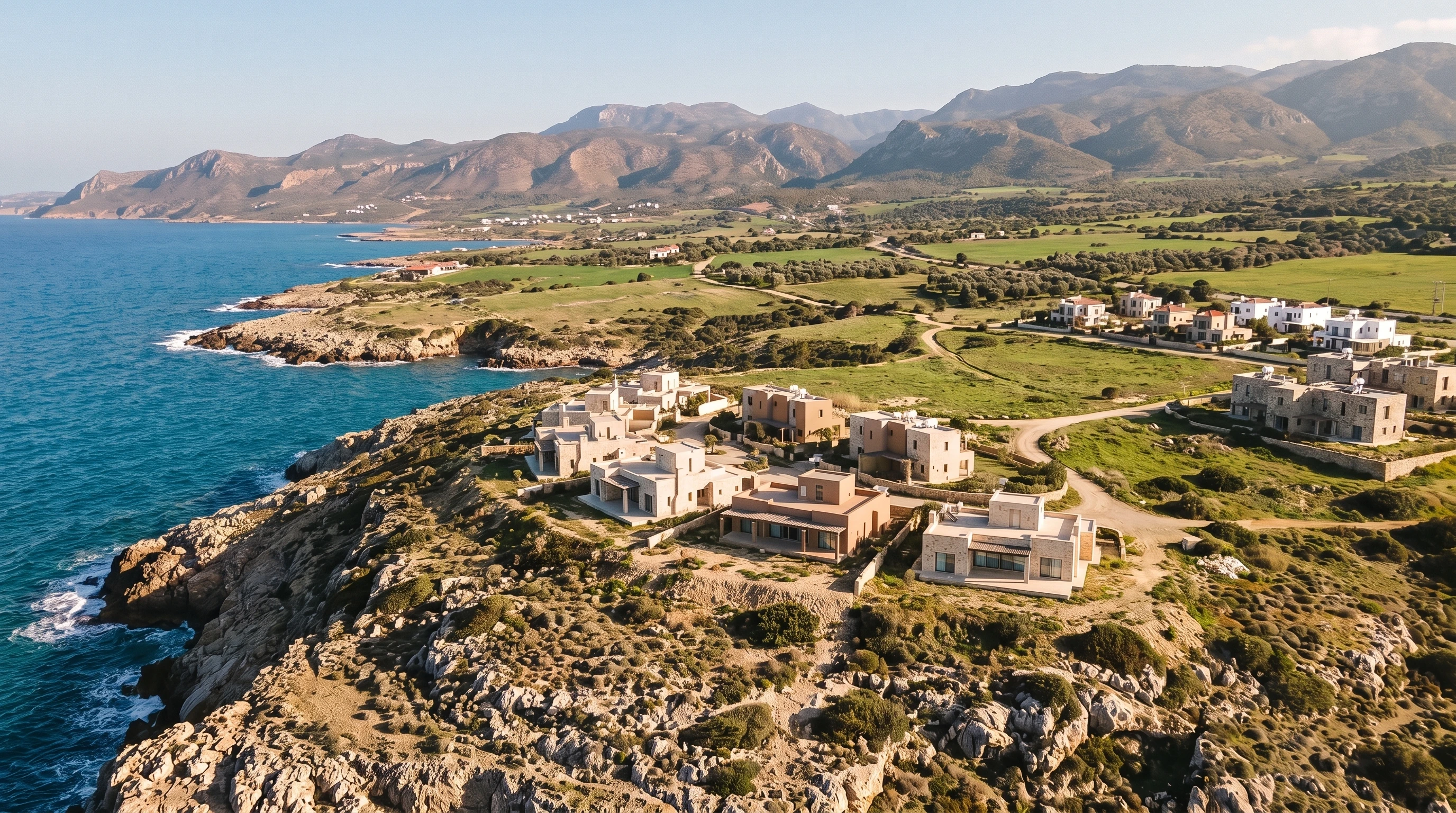 Aerial view of the Esentepe coastline, open landscape and residences