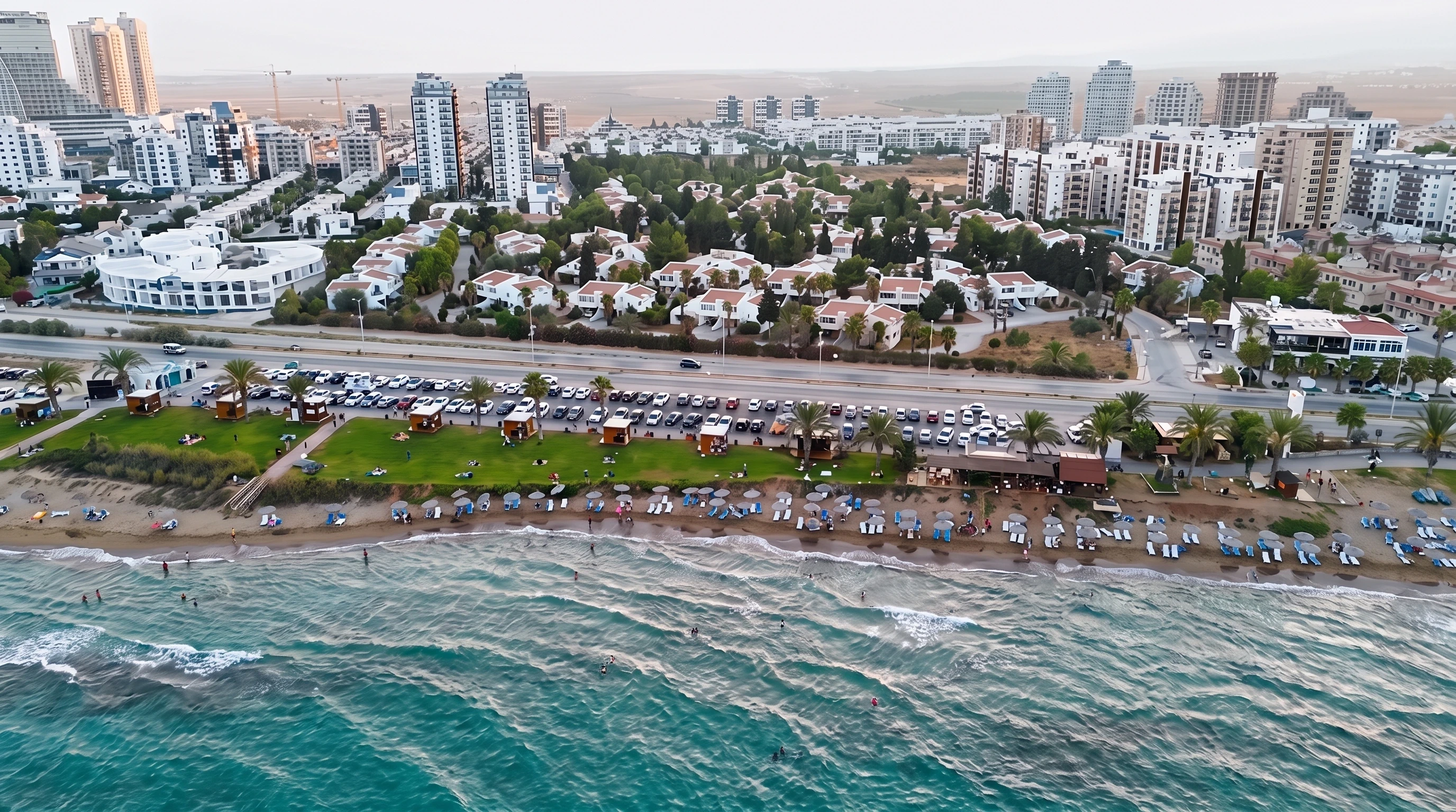 Aerial view of the Iskele coastline and residential area