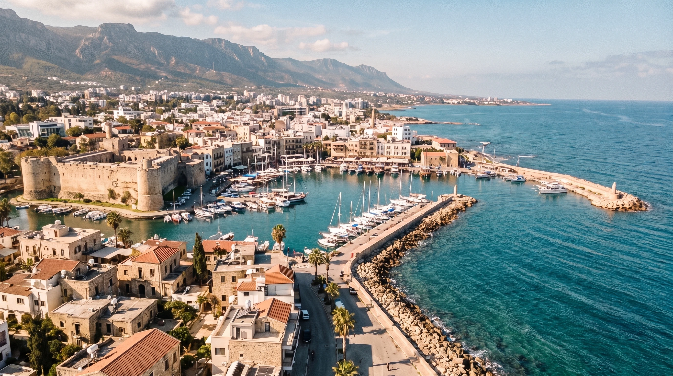 Aerial view of Kyrenia harbour, coastline and city