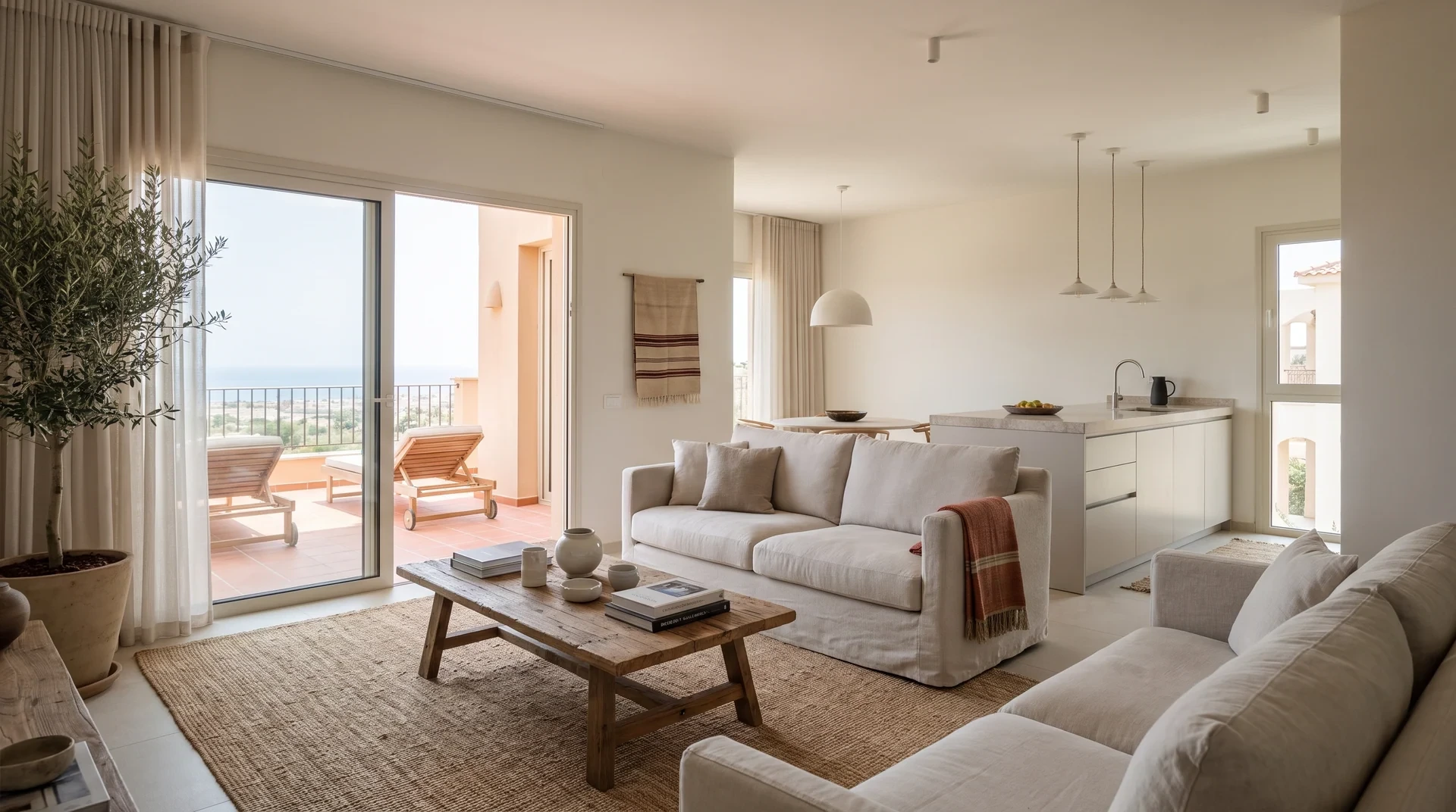 Furnished living room and kitchen opening onto a balcony