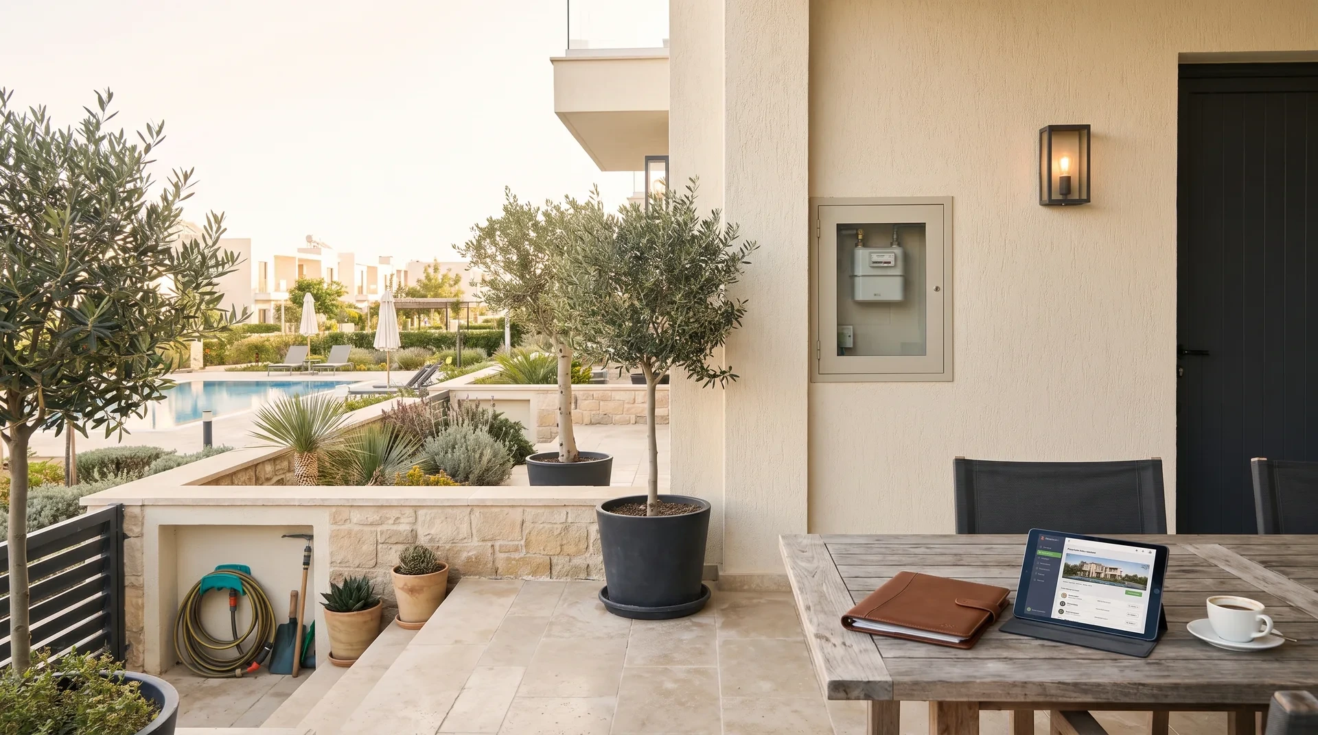 Residential terrace with a utility meter, shared pool and a property-management screen